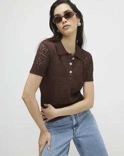 Brown Stitched Knit Polo Top