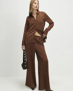 Brown Striped Drawstring Wide Leg Trousers