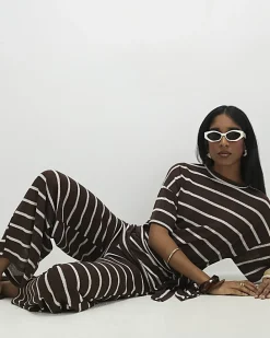Brown Striped Textured Wide Leg Trousers