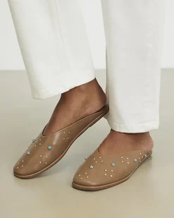 Brown Stud Embellished Slip On Mules