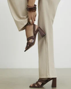 Brown Studded Scallop Edge Block Heel Sandals