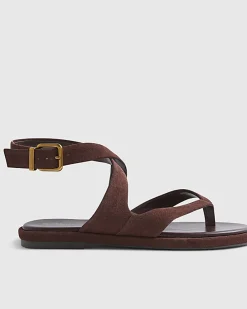 Brown Suede Cross Strap Toe Thong Sandals
