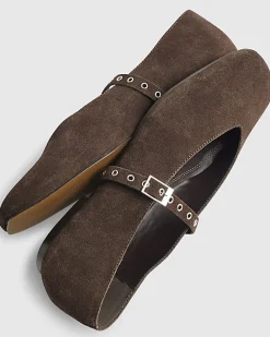 Brown Suede Eyelet Square Toe Ballet Pumps
