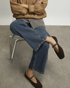 Brown Suede Eyelet Square Toe Ballet Pumps