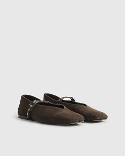 Brown Suede Eyelet Square Toe Ballet Pumps
