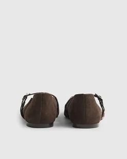 Brown Suede Eyelet Square Toe Ballet Pumps