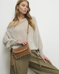 Brown Suede Studded Tassel Cross Body Bag