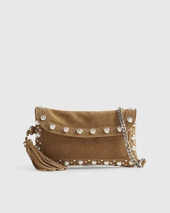Brown Suede Studded Tassel Cross Body Bag