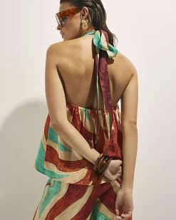 Brown Swirl Print Halter Neck Top