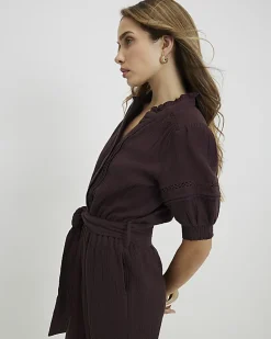 Brown Textured Wide Leg Jumpsuit