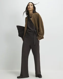 Brown Textured Wide Leg Trousers