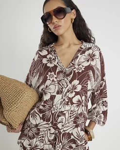 Brown Tropical Print Beach Shirt