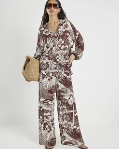 Brown Tropical Print Beach Trousers