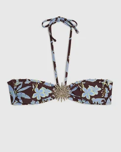 Brown Tropical Print Halter Bandeau Bikini