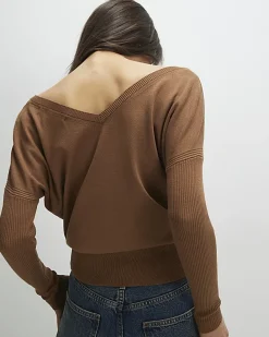 Brown V Neck Button Jumper