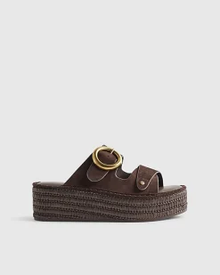 Brown Wide Fit Buckle Strap Wedge Sandals