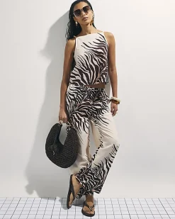 Cream Animal Print Linen Blend Tank Top