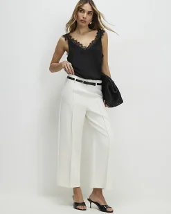 Cream Belted Cropped Wide Leg Trousers