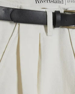 Cream Belted Pleated Wide Leg Jeans
