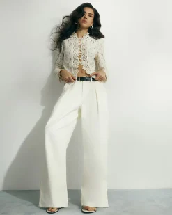 Cream Belted Pleated Wide Leg Jeans