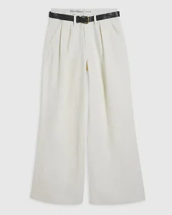 Cream Belted Pleated Wide Leg Jeans
