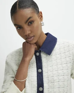 Cream Boucle Denim Mix Cardigan