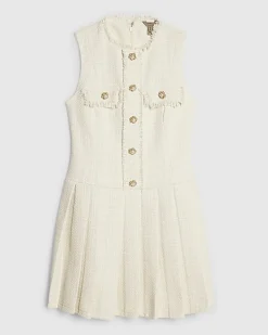 Cream Boucle Pleated Hem Mini Dress