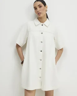 Cream Button Through Denim Dress