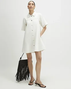 Cream Button Through Denim Dress