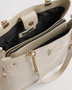 Cream Chain Handle Embossed Tote Bag