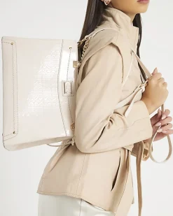 Cream Chain Handle Embossed Tote Bag