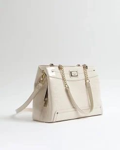 Cream Chain Handle Embossed Tote Bag