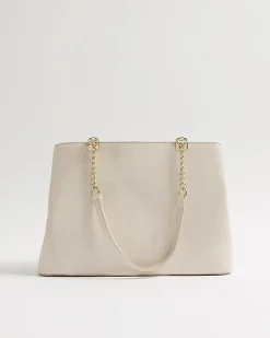 Cream Chain Handle Embossed Tote Bag