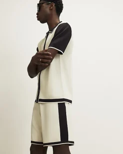 Cream Colour Block Knitted Shorts