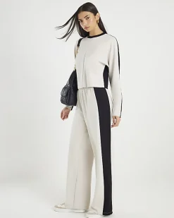 Cream Colour Block Wide Leg Trousers
