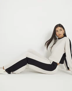 Cream Colour Block Wide Leg Trousers