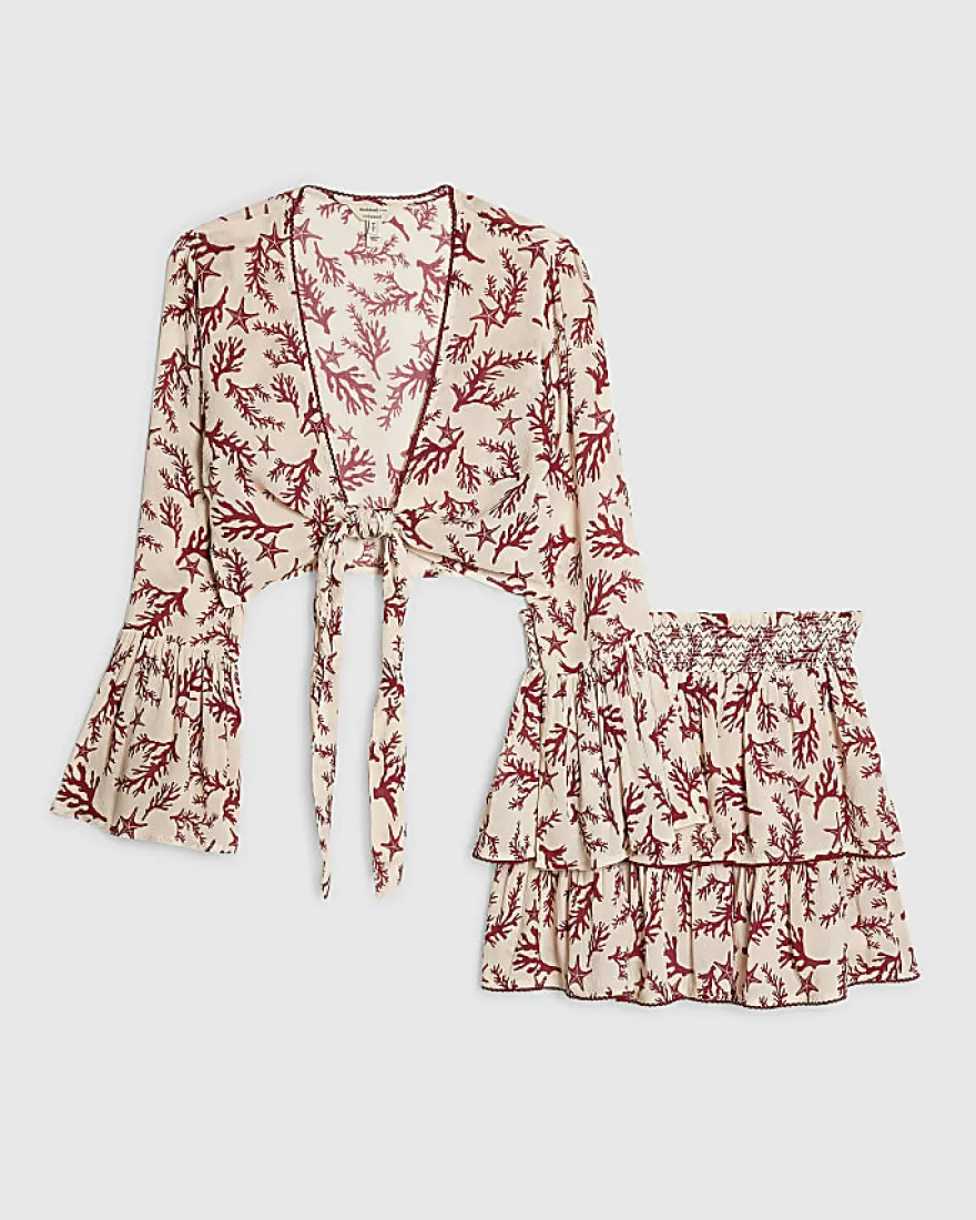 Cream Coral Print Tie Top And Skirt Set