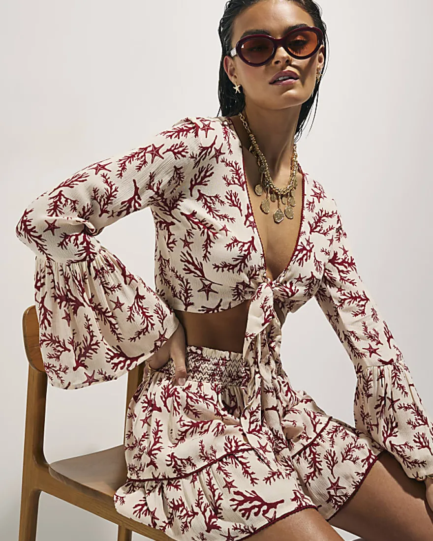 Cream Coral Print Tie Top And Skirt Set