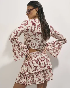 Cream Coral Print Tie Top And Skirt Set