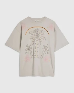 Cream Cotton Neon Palm Cutwork T-Shirt