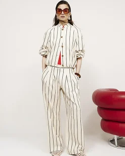 Cream Cotton Striped Wide Leg Trousers