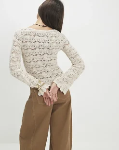 Cream Crochet Knit Boat Neck Jumper