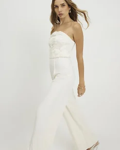 Cream 3D Flower Bandeau Jumpsuit