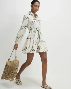 Cream Embroidered Mini Shirt Dress