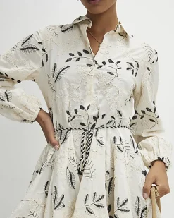 Cream Embroidered Mini Shirt Dress