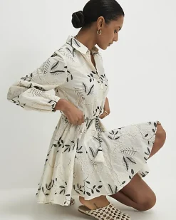 Cream Embroidered Mini Shirt Dress