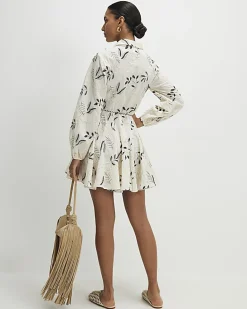 Cream Embroidered Mini Shirt Dress