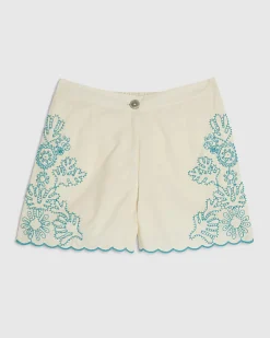 Cream Embroidered Shorts