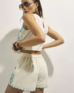 Cream Embroidered Shorts