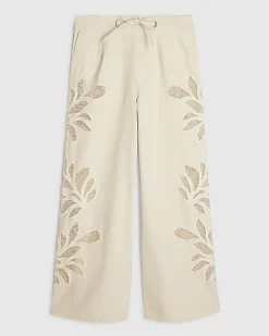 Cream Embroidered Wide Leg Jeans